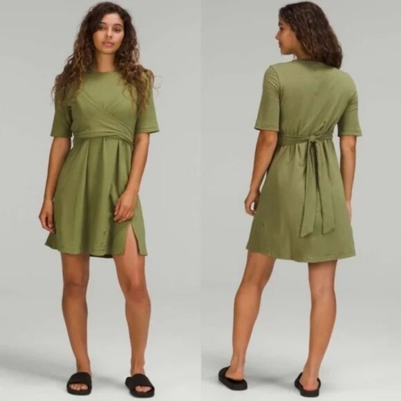 lululemon athletica Dresses & Skirts - Lululemon Cotton Wrap Front T-Shirt Dress Olive Green Size 6